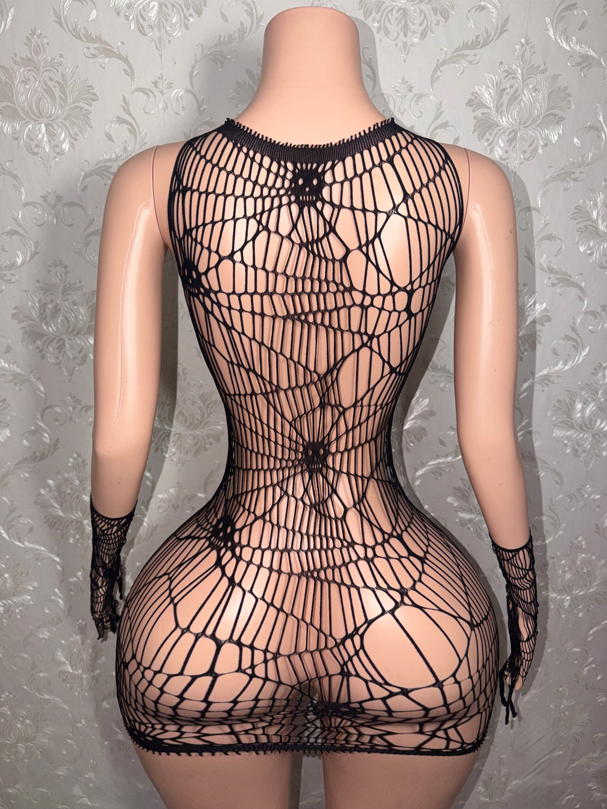 Caught In My Web Skull Webbed Fishnet Dress with Gloves Fits XS-L