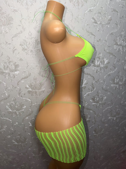 Jayda 3 Piece Bikini Set with Cutoff Fishnets Optional Stones