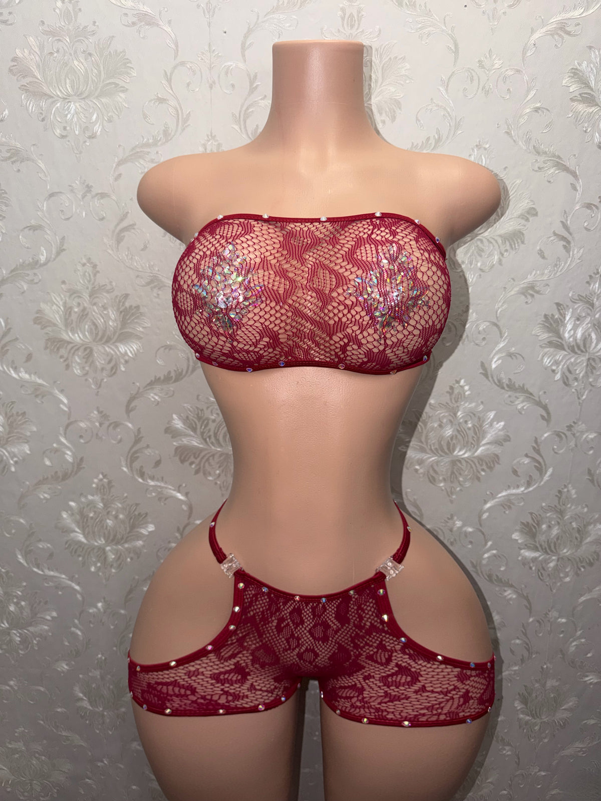 Jacqueline Wine Cheetah Cutout Fishnet Shorts Set Fits S-Li