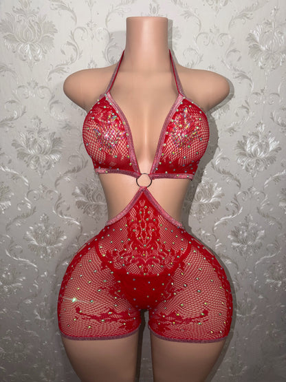Spice Girl Rhinestone Lace Fishnet Romper Set Fits S-L