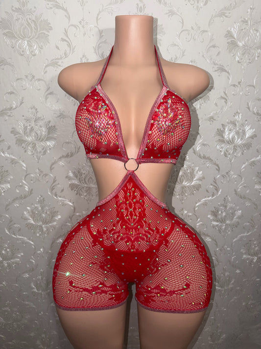 Spice Girl Rhinestone Lace Fishnet Romper Set Fits S-L