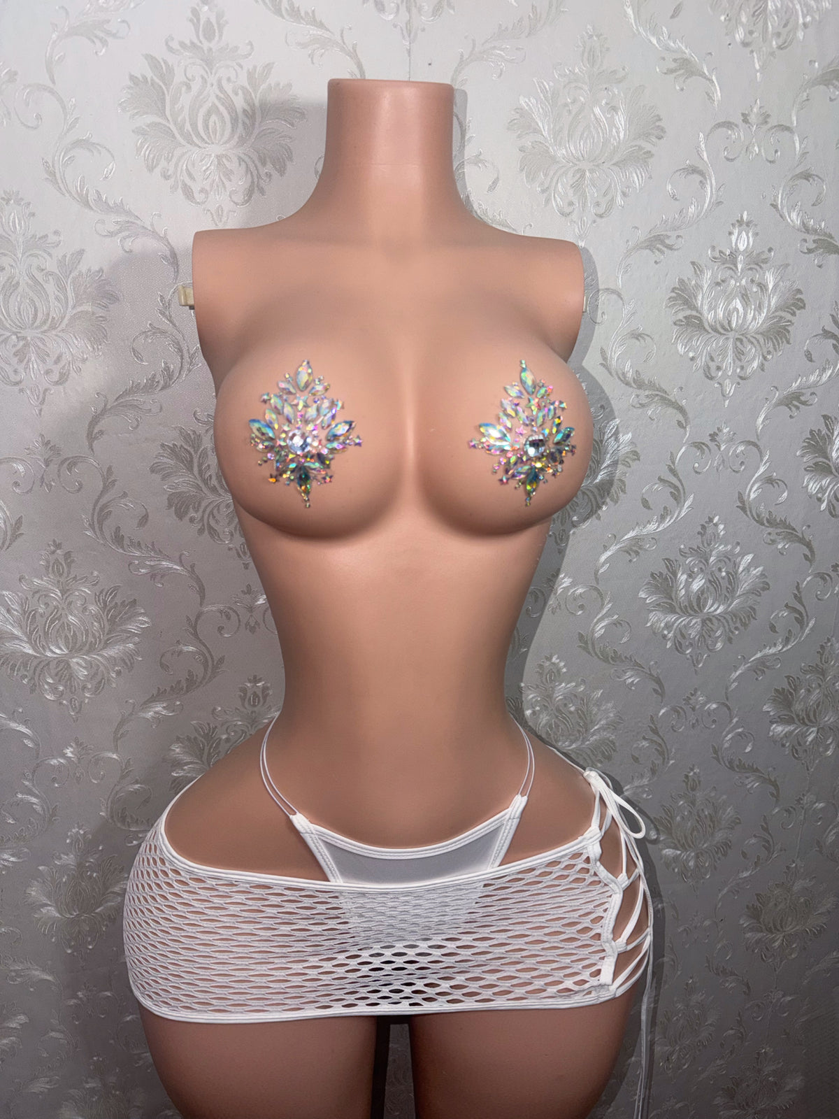Ravyn Fishnet Mesh Skirt Optional Thong and Gem Pasties Fits S-L