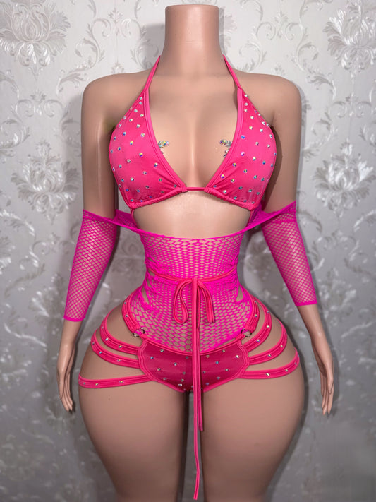 Georgia Peach 2.0 + Teyana Fishnet Dress 3 Piece Set Fits S-M