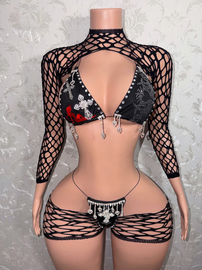 Heat Wave Custom Bikini & Fishnet 4 Piece Set [Made To Order]