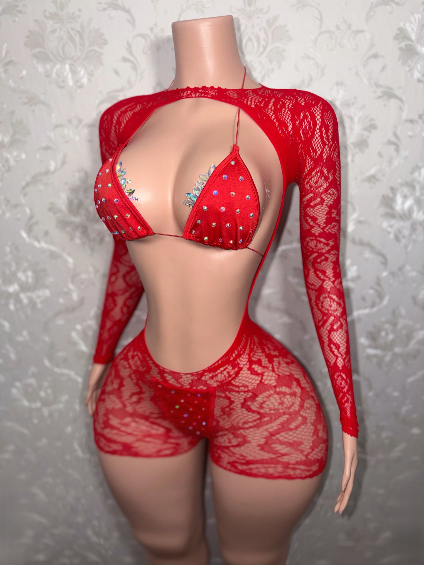 Suriyah Fishnet Romper 3 Piece With Bikini Fits XS-L