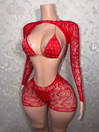 Suriyah Fishnet Romper 3 Piece With Bikini Fits XS-L