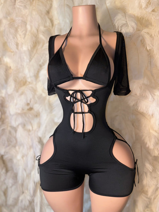Bartender — Bottle Girl Set Short Sleeve Cut Out Romper With Bikini Top