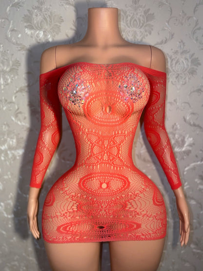 Eye of the Tiger Off Shoulder Fishnet Dress Fits XS-L