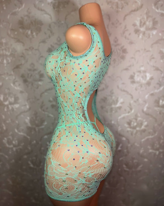 Enchantress Rhinestone Lace Cutout Back Fishnet Romper Set Fits XS-L