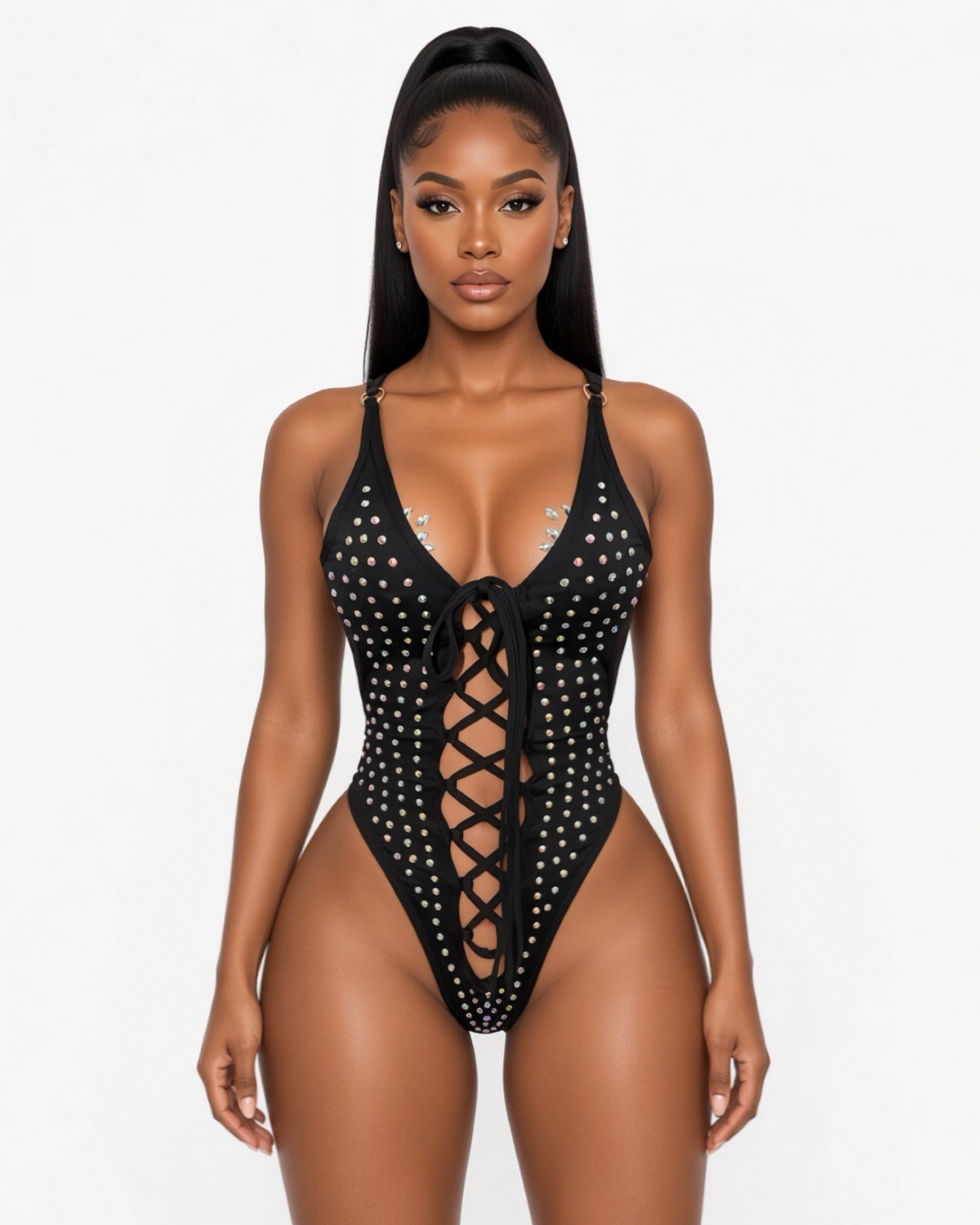 Industry Girl Rhinestone Lace Up One Piece Optional Fishnets Fits M-L