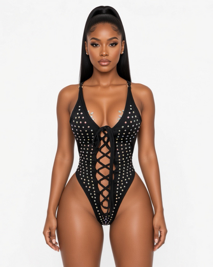 Industry Girl Rhinestone Lace Up One Piece Optional Fishnets Fits M-L