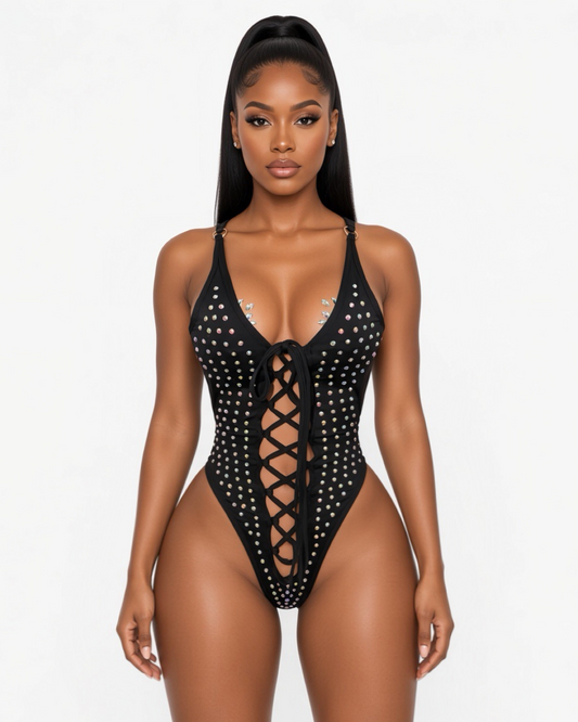 Industry Girl Rhinestone Lace Up One Piece Optional Fishnets Fits M-L