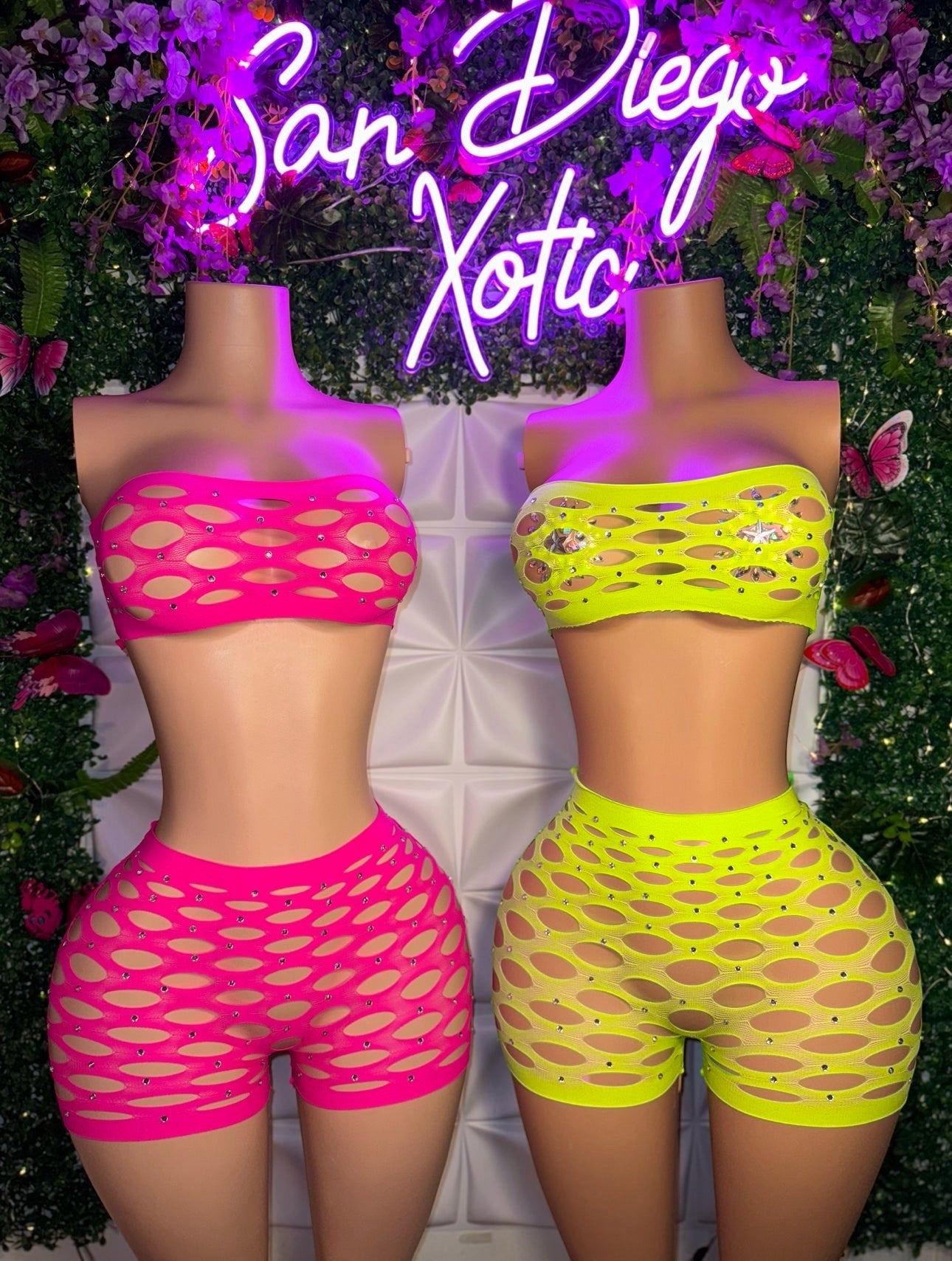 My Type Rhinestone Fishnet Shorts Set Fits XS-L