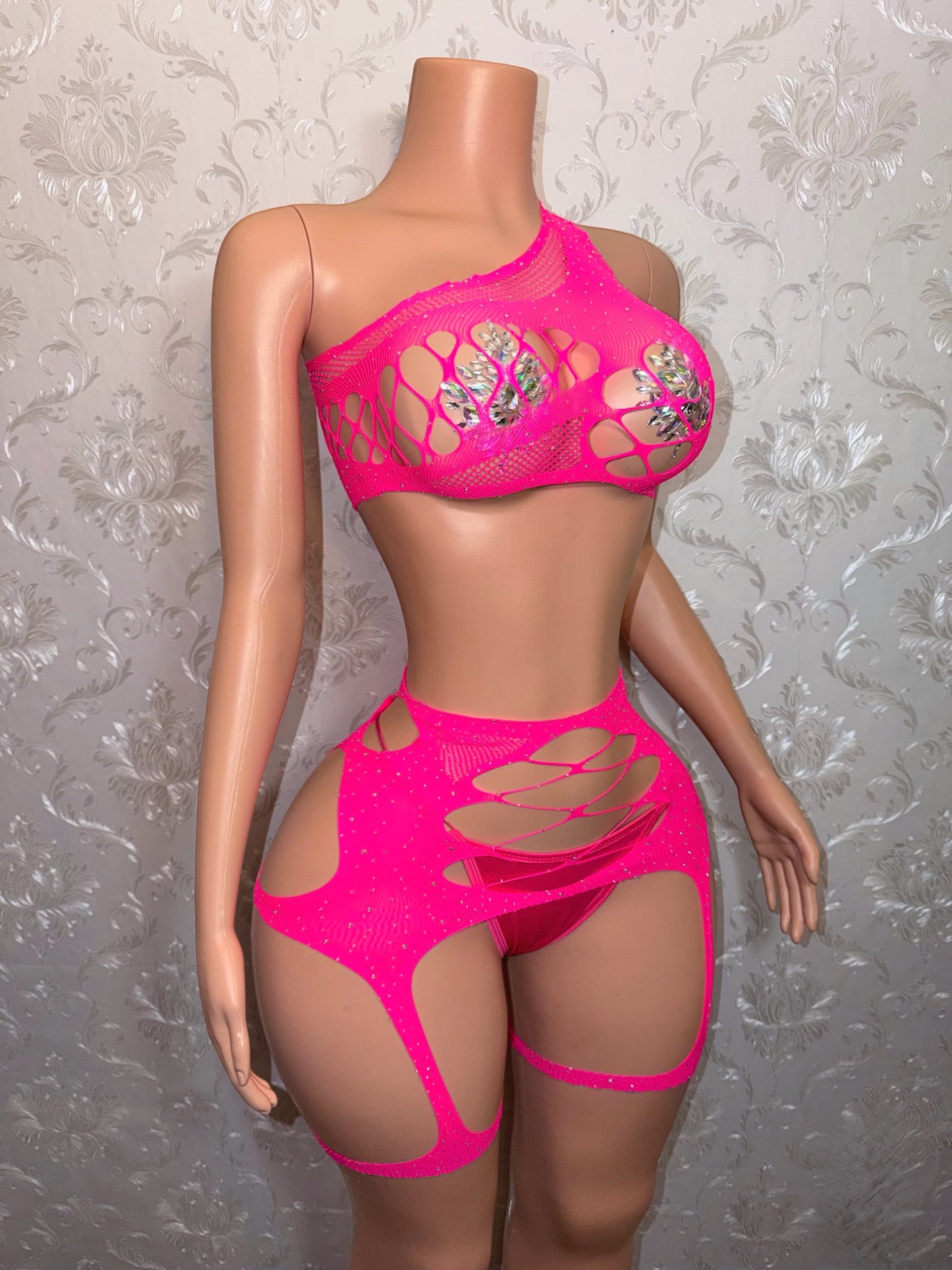 Kelsey Hot Pink Rhinestone Fishnet Chaps 2 Piece Optional Thong Fits S-L