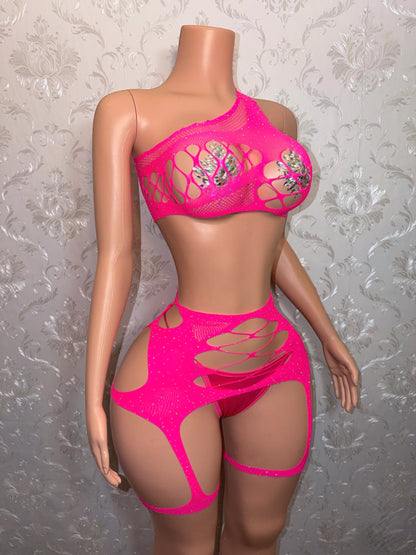 Kelsey Hot Pink Rhinestone Fishnet Chaps 2 Piece Optional Thong Fits S-L