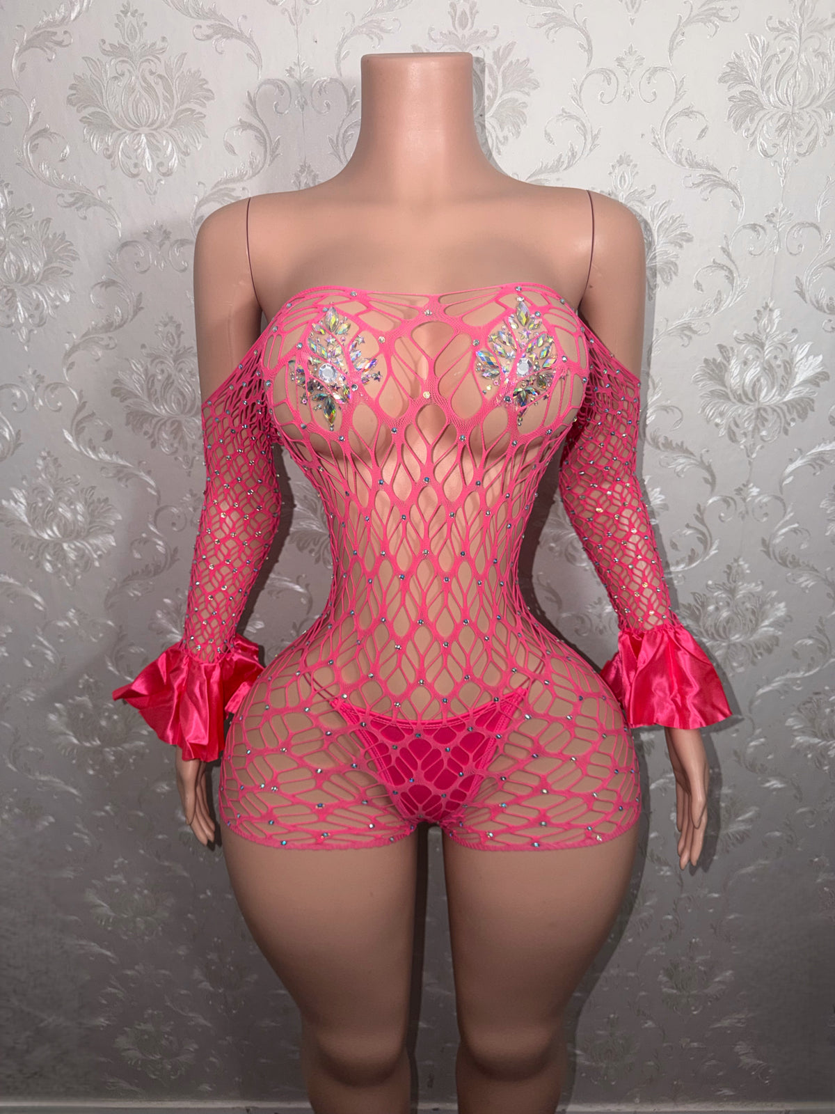 Kayla Off Shoulder Rhinestone Fishnet Romper Fits XS-M
