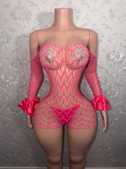 Kayla Off Shoulder Rhinestone Fishnet Romper Fits XS-M