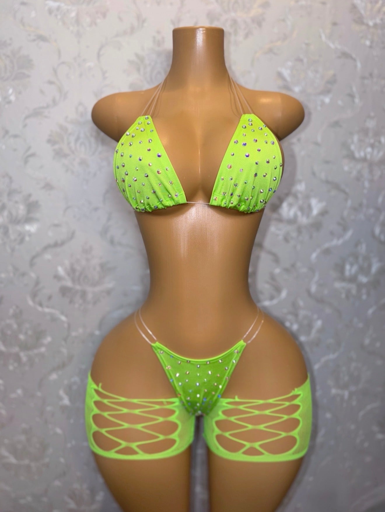 Kiwi Rhinestone 3 Piece Includes Cut Off Fishnet Shorts
