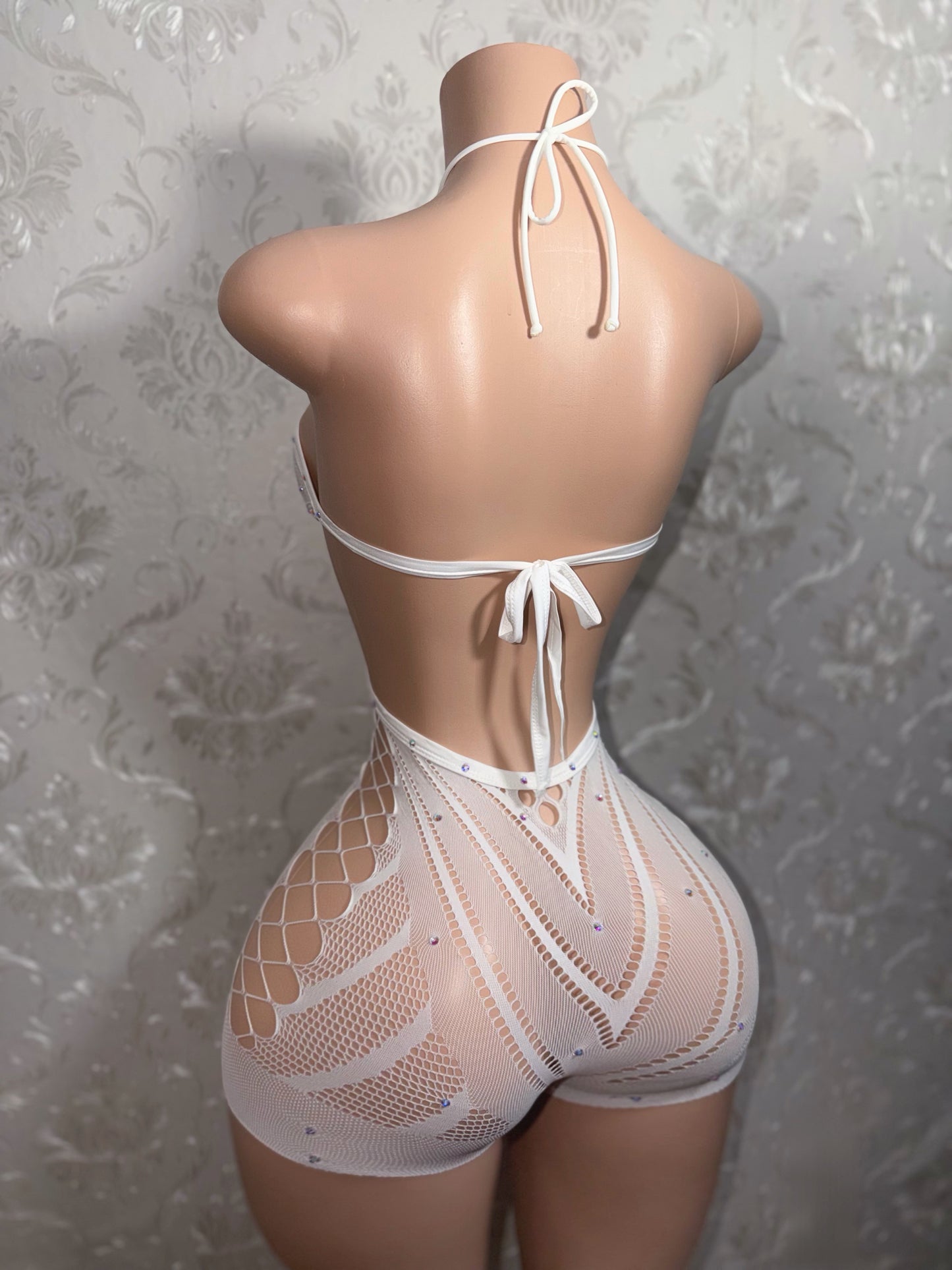 White Lotus PLT Halter Fishnet Romper Fits XS-M