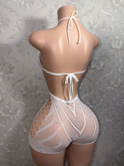White Lotus PLT Halter Fishnet Romper Fits XS-M