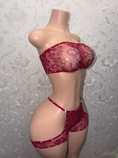 Jacqueline Wine Cheetah Cutout Fishnet Shorts Set Fits S-Li