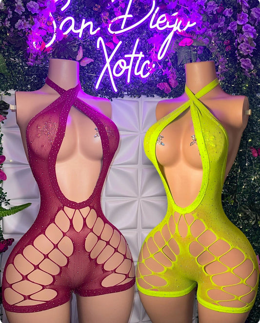 Dollas Diamond Sheer Fishnet Romper Fits XS-XL