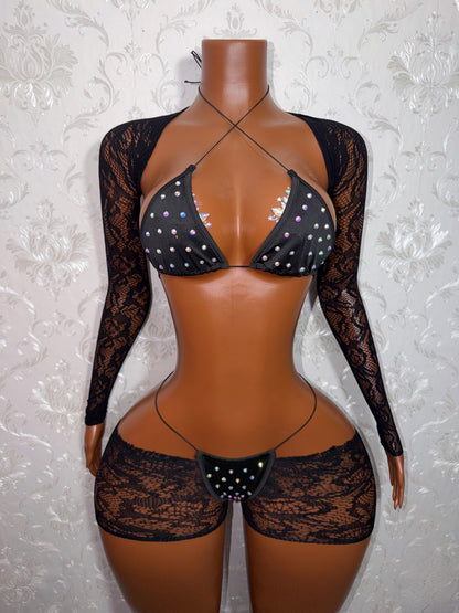Suriyah Fishnet Cutoff Shorts Bikini and Shrug 4 Piece Set Fits XS-L