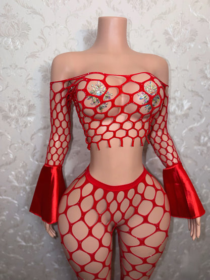 Stella’s Holiday Rhinestone Bell Sleeve Fishnet Legging Set Fits XS-L