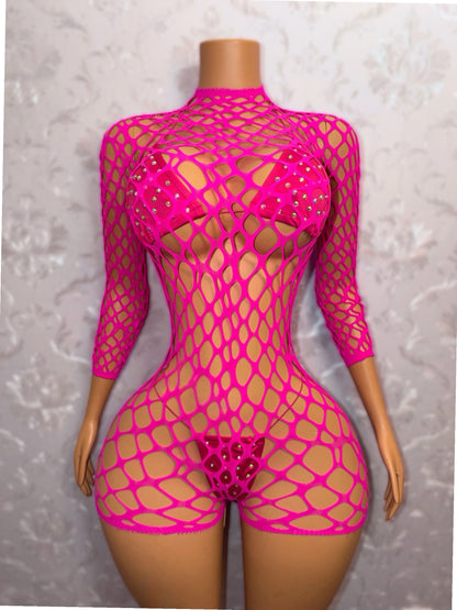 Avery Long Sleeve Fishnet Romper Bikini Set Fits XS-L