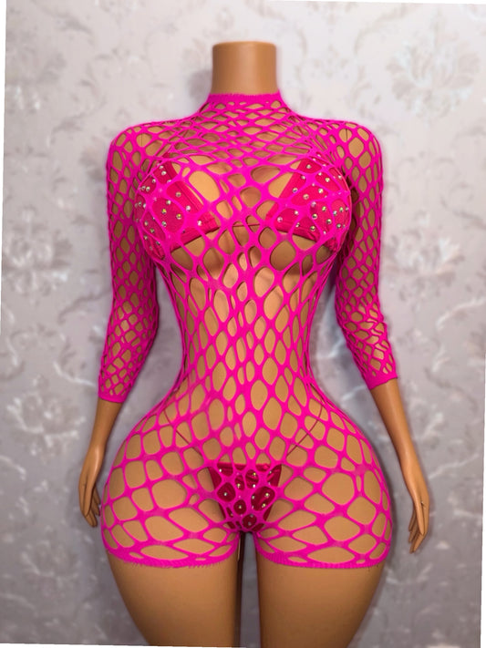 Avery Long Sleeve Fishnet Romper Bikini Set Fits XS-L