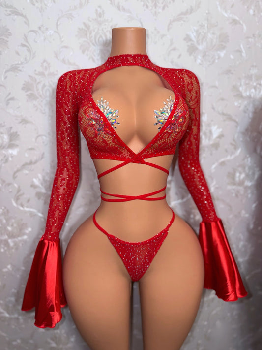 Sweetie Cheetah Fishnet 2 Piece Satin Bell Sleeve Fits XS-M