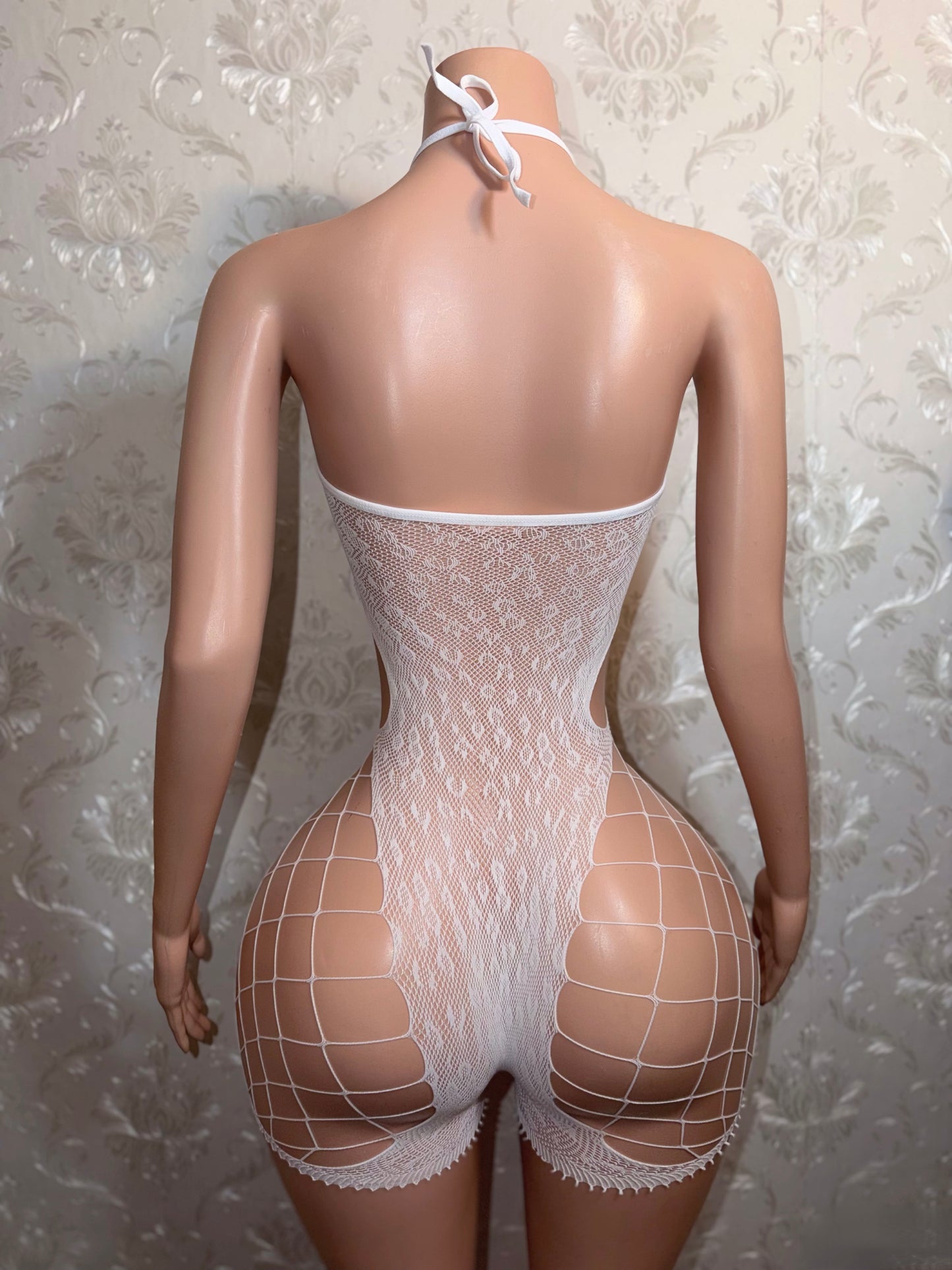 Yolie Halter O-Ring Romper Bodystocking In White Fits XS-XL
