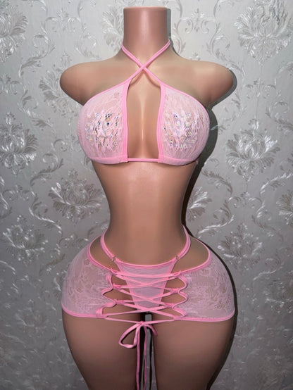 Kawaii Barker Fishnet Lace Skirt Set Optional Bows Fits XS-M