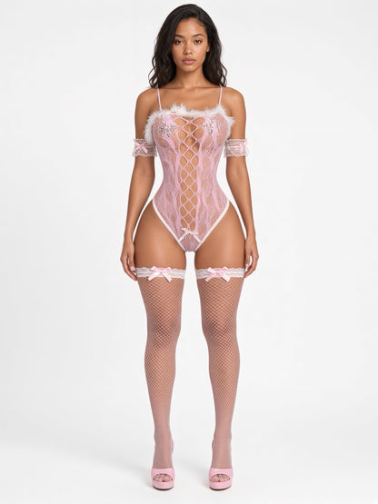 Hunnie Bunz Clasp Bodysuit Set Includes Stockings & Free Bunny Headband Fits XS-M