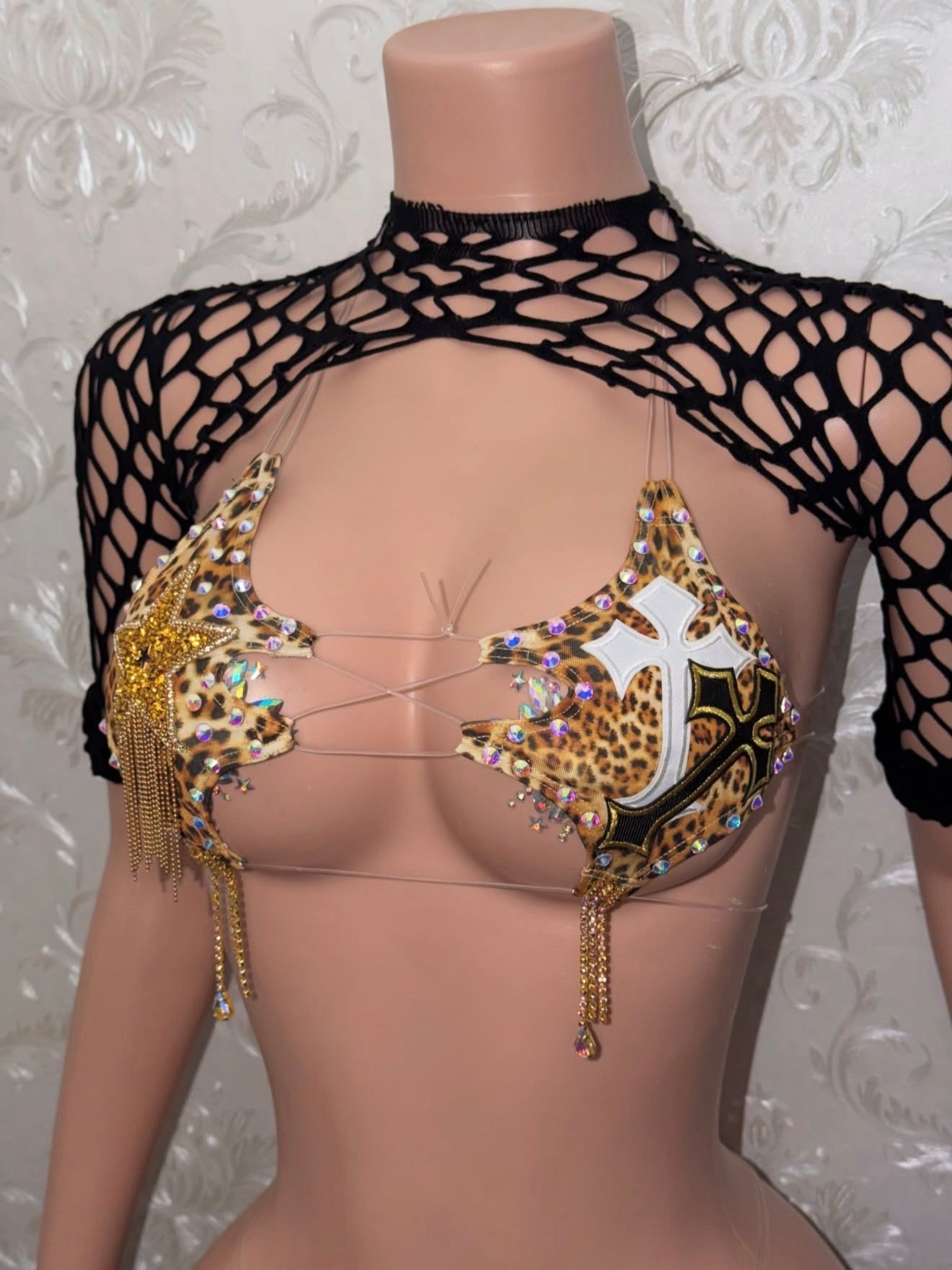 Lolita Custom Leopard Gold Tassel Bikini and Fishnet Set