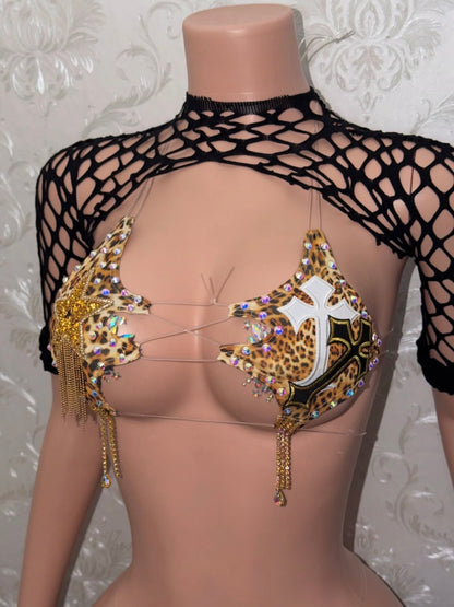 Lolita Custom Leopard Gold Tassel Bikini and Fishnet Set