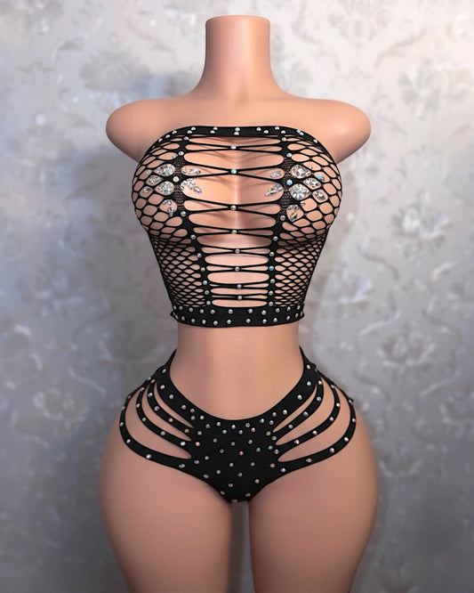 Natina EXTRA Rhinestones 2 Piece Cheeky Fishnet Set Fits All