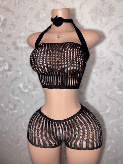 Caleesi — Fishnet Long Sleeve Top and Shorts Set Bantu Knot Fits XS-L