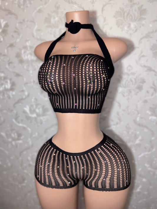 Caleesi — Fishnet Long Sleeve Top and Shorts Set Bantu Knot Fits XS-L