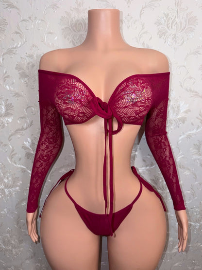 Venus Burgundy 3 Piece With Lace Thigh High Stockings Fits S-XXL