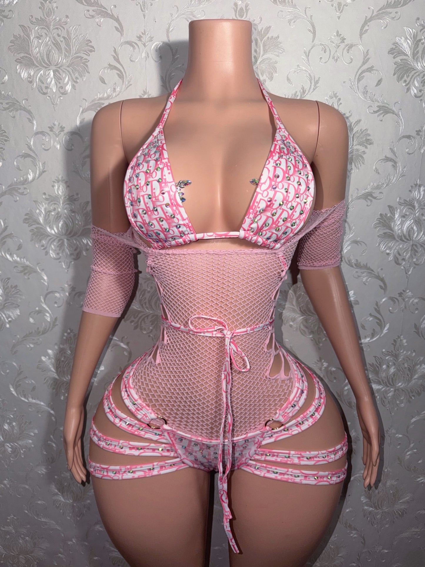 Pinkface 3 Piece Shorts Set With Fishnet Dress Fits S-L