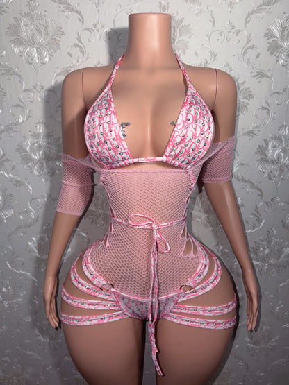 Pinkface 3 Piece Shorts Set With Fishnet Dress Fits S-L