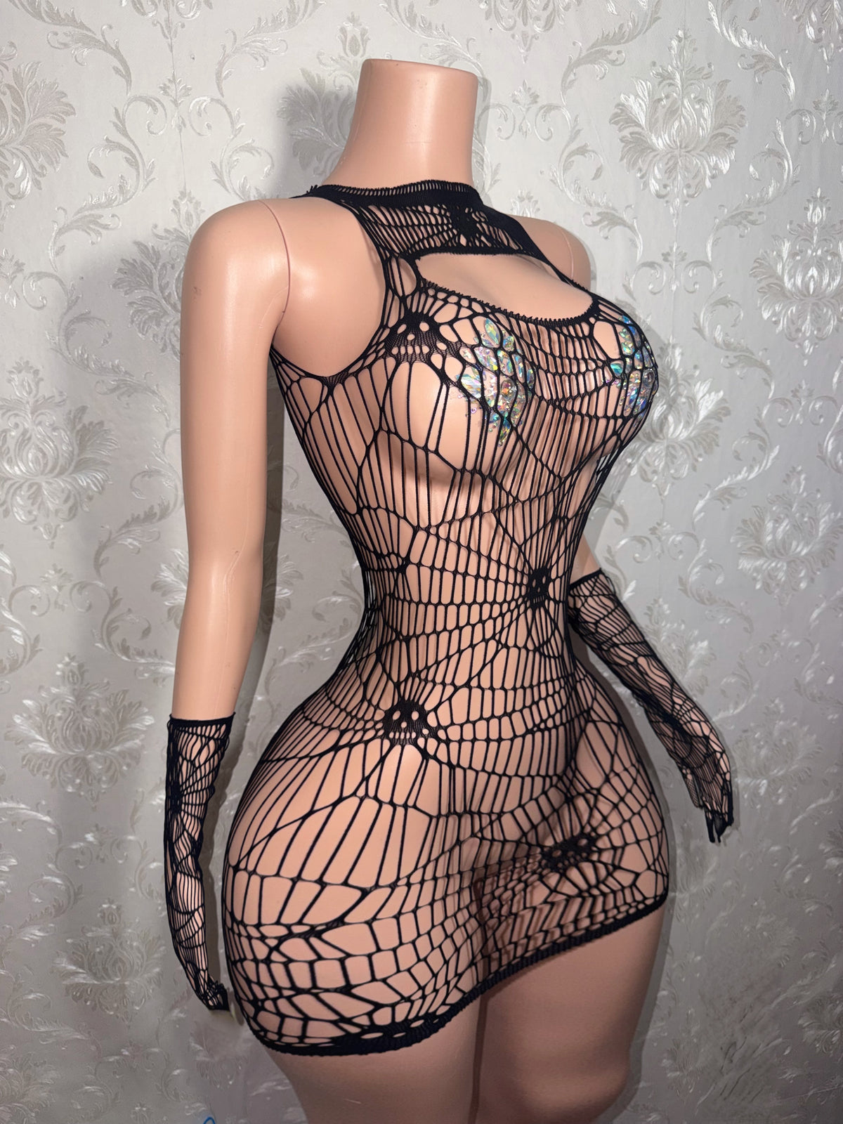 Caught In My Web Skull Webbed Fishnet Dress with Gloves Fits XS-L