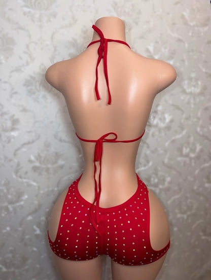 Nellie Deep Red Cut Out Shorts Set
