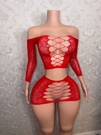 Harmonie Off Shoulder Fishnet Lace Skirt Set Fits XS-L