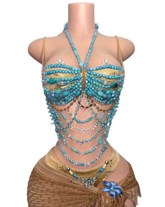 Bohemian Temptress Beaded Top 7 Piece Set With Brown Sarong Fits M