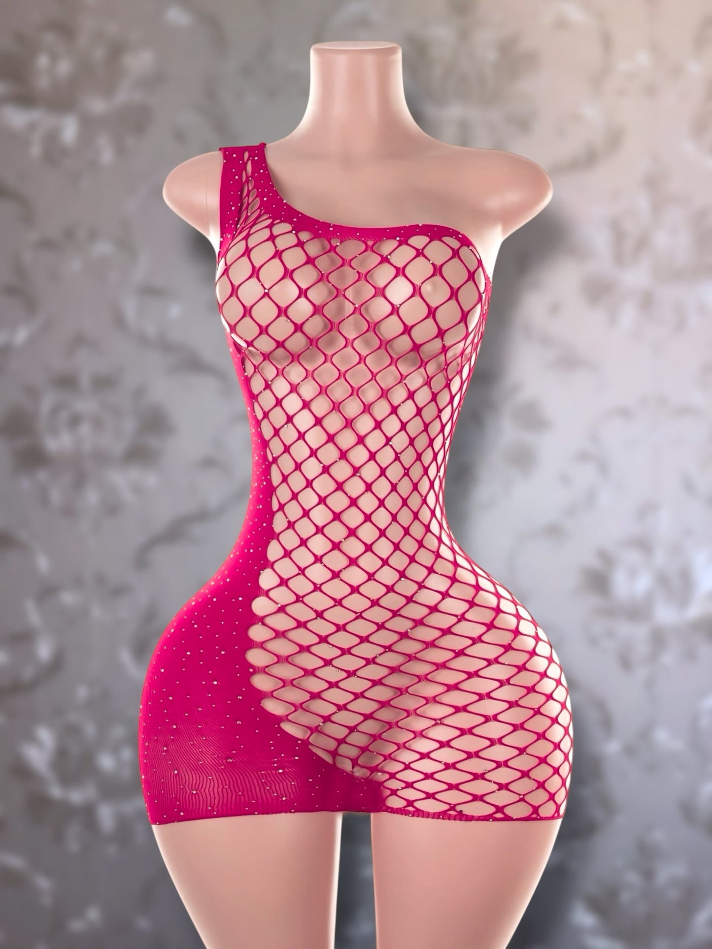Holiday Bedazzled Dress Asymmetrical Fishnet Fits XS-L