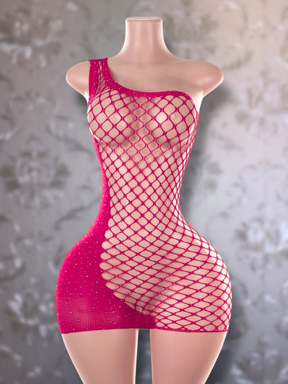 Holiday Bedazzled Dress Asymmetrical Fishnet Fits XS-L