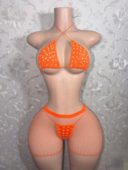 Martina 3 Piece Bikini and Fishnet Shorts Fits XS-L