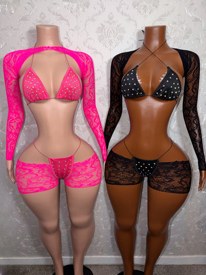 Suriyah Fishnet Cutoff Shorts Bikini and Shrug 4 Piece Set Fits XS-L